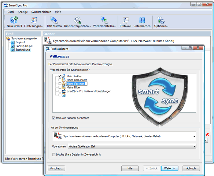 Screenshot vom Programm: SmartSync Pro